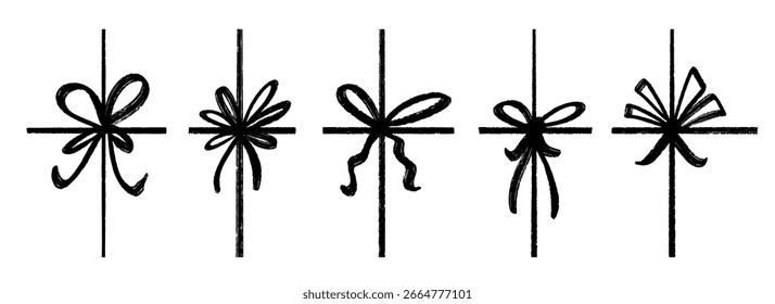 Conjunto de arcos de regalo dibujado a mano de crayón. Colección de lazo de cinta garabateada negra. Paquete de Elementos garabateados de pincelada para regalo, paquete, decoración de caja. Paquete de nudos atados en pastel de tiza dibujado. Vector