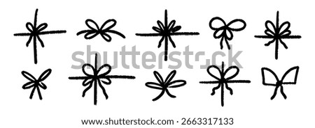 Crayon hand drawn present bows collection. Black doodled ribbon bow set. Brush stroke scribbled elements pack for gift, package, box decoration. Sketched chalk pastel tied knots bundle. Vector