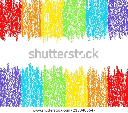 Crayon hand drawn rainbow artistic stroke copy space. Colored kids style funny template for text. Pastel chalk or pencil frame, vector banner background. Doodle grunge scribble brush texture