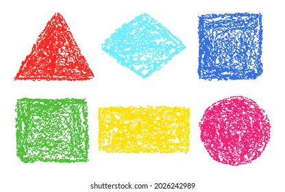 Crayon hand drawn round, square, triangular design element set. Colored like kids style funny copy space. Pastel chalk or pencil frame, vector background. Doodle scribble artistic strokes texture