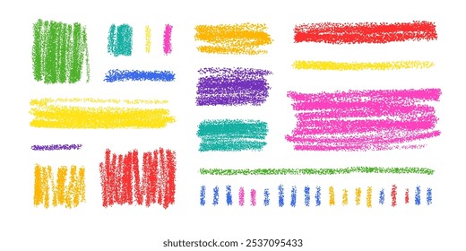 Crayon mão desenhado rabiscos, cor giz lápis rabiscos. Elementos à mão livre de linha, manchas de traçado, desenhos de esboço de rabiscar com textura áspera, conjunto de ilustrações vetoriais isoladas no fundo branco