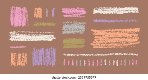 Crayon hand drawn scribbles, color chalk pencil scrawls. Line freehand elements, stroke stains, doodle sketch drawings with rough texture, vector illustrations on background in mocha mousse color