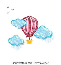 Crayon hand drawn scribbles with hot air balloon, and clouds. Vector illustration. Cute love sale banner or greeting card. Honeymoon and wedding adventure