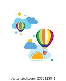 Crayon hand drawn scribbles with hot air balloon, and clouds. Vector illustration. Cute love sale banner or greeting card. Honeymoon and wedding adventure