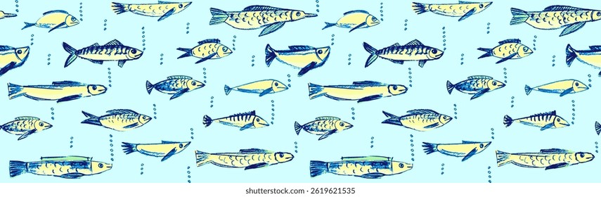 Crayon mão desenhado padrão sem costura com vários peixes. Desenhar formas. Fundo bonito da escola das crianças fuzileiras marítimas. Elementos de esboço em giz sobre fundo branco. Ilustrações vetoriais