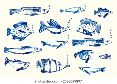 Crayon hand drawn set of various fishes. Doodle shapes. Cute sea pattern. Marine kids school background. Chalk sketch elements on white background. Vector illustrations.