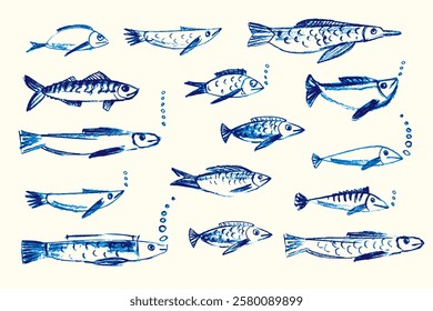 Crayon hand drawn set of various fishes. Doodle shapes. Cute sea pattern. Marine kids school background. Chalk sketch elements on white background. Vector illustrations.