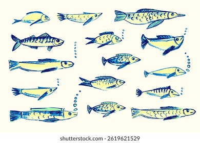 Crayon hand drawn set of various fishes. Doodle shapes in yellow. green and blue. Cute sea pattern. Marine kids school background. Chalk sketch elements on white background. Vector illustrations.