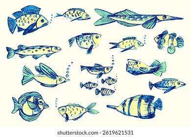 Crayon hand drawn set of various fishes. Doodle shapes in yellow. green and blue. Cute sea pattern. Marine kids school background. Chalk sketch elements on white background. Vector illustrations.