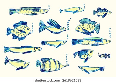 Crayon hand drawn set of various fishes. Doodle shapes in yellow. green and blue. Cute sea pattern. Marine kids school background. Chalk sketch elements on white background. Vector illustrations.