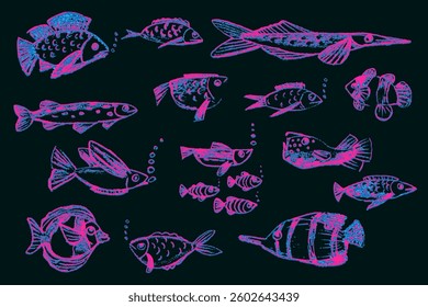Crayon hand drawn set of violet various fishes. Doodle shapes. Cute sea pattern. Marine kids school background. Color chalk sketch elements on black chalkboard. Vector illustrations.