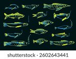 Crayon hand drawn set of yellow various fishes. Doodle shapes. Cute sea pattern. Marine kids school background. Color chalk sketch elements on black chalkboard. Vector illustrations.