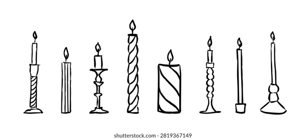 Crayon hand drawn sketched candle set. Black rough doodled burning candles collection. Scribbled candlestick and candelabra bundle for greeting card, birthday, Christmas, easter decoration. Vector