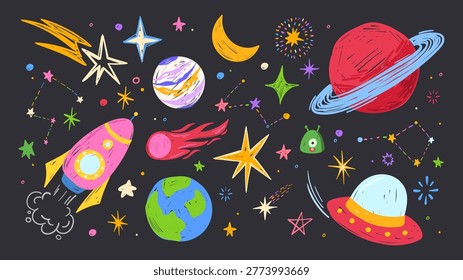 Crayon hand drawn space doodles with planets, alien and rocket, cartoon vector set isolated on black. Childlike cosmic sketches of Earth, moon, and colorful galaxy elements for kids universe designs