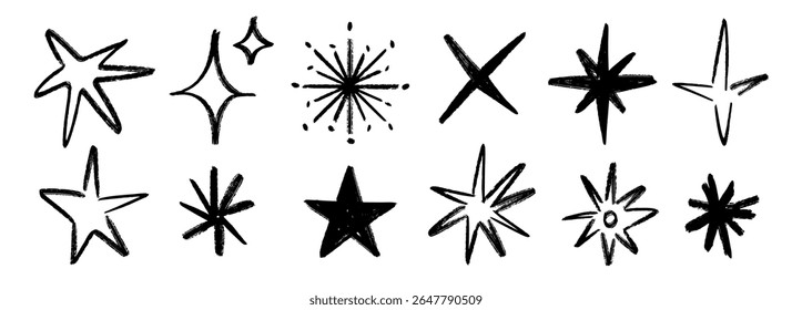 Crayon hand drawn stars and sparkles set. Childish doodled sparks collection. Grunge rough brush stroke shine element pack for collage, poster, sticker, label. Black pencil sketched symbols. Vector