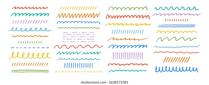 Crayon hand drawn strokes, underlines, smears, strikethroughs, curls, wavy lines set. Pencil squiggles elements. Multicolored doodle style chalk sketches on white background. Vector illustration