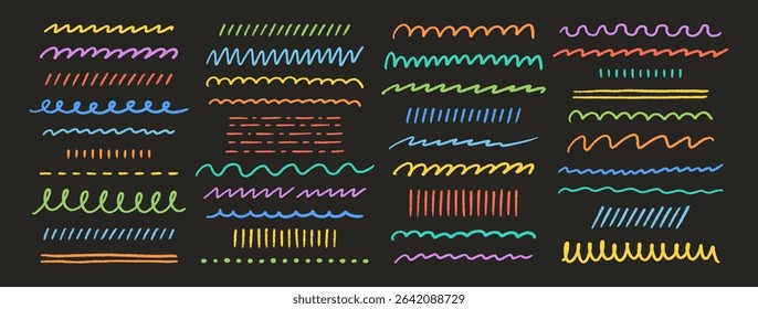 Crayon hand drawn strokes, underlines, smears, strikethroughs, curls, wavy lines set. Pencil squiggles elements. Multicolored doodle style chalk sketches on black background. Vector illustration