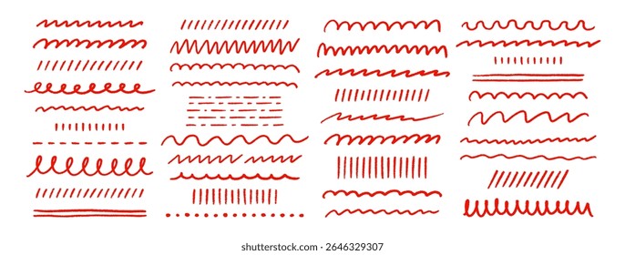 Crayon hand drawn strokes, underlines, smears, strikethroughs, curls, wavy lines set. Pencil squiggles elements. Red doodle style chalk sketches on white background. Vector illustration