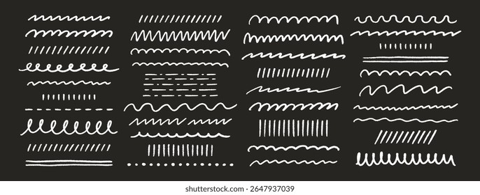 Crayon hand drawn strokes, underlines, smears, strikethroughs, curls, wavy lines set. Pencil squiggles elements. White doodle style chalk sketches on black background. Vector illustration