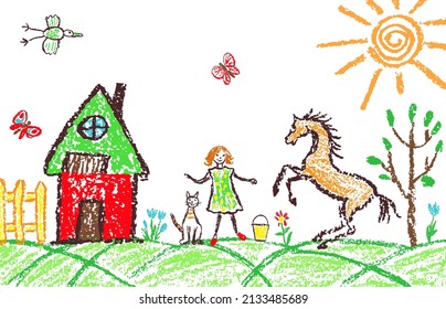 Crayon hand drawn summer outdoor banner background. Girl, cat, horse, tree, flower, house, in garden. Like kids style doodle simple funny vector. Pastel chalk or pencil child cartoon scene