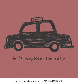 crayon hand drawn taxi car monochrome vector illustration