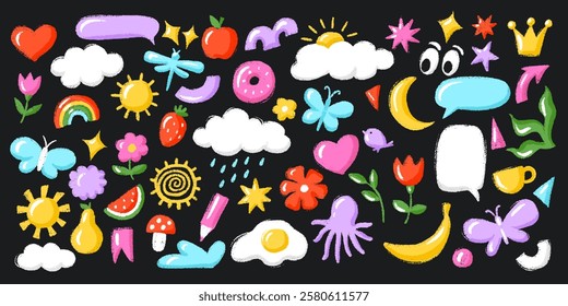 Crayon Hand Drawn Vector Kid Illustration. Childish Shapes - Sun, Heart, Butterfly, Cloud, Speech Bubble. Doodle Scribble Stickers Set.