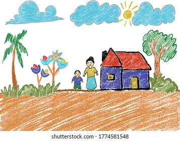 Pintura de la mano de un cejón en cada medio. Colorida textura de garabato de crayón. Lugar de color pastel de cera.