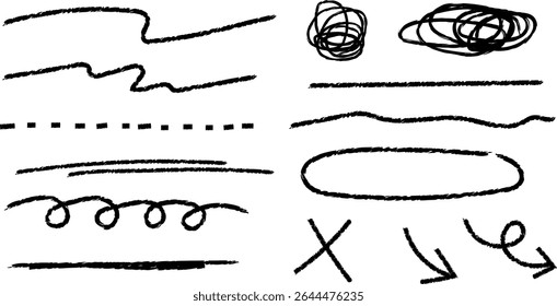 Crayon hand-drawn lines, underlines, and divider line vector elements