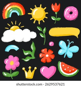 Crayon Hand-Drawn Set with Cute Kid Elements. Childish Flowers, Clouds, Hearts and Doodles in Chalk Style. Perfect for Children's Design, Stickers, Pastel Art and Creative Projects.