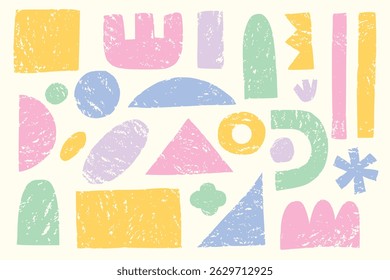 Crayon hand-drawn shapes with playful abstract figures, funky icons, stars, squiggles, zigzags, and basic geometric shapes like triangles, squares, and circles. Bold lines with grunge charcoal texture