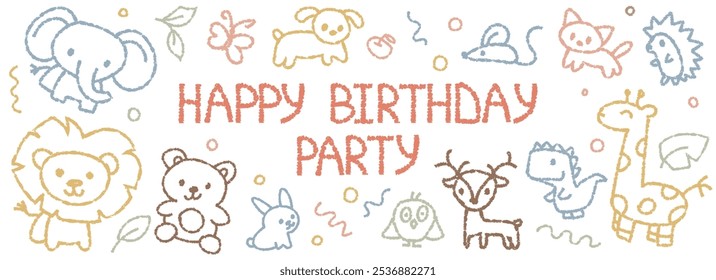 Diseño de fiesta de cumpleaños feliz, animales de los niños del doodle, ilustración a lápiz dibujada a mano colorida. Diseño de fondo de Anuncio de dibujos animados de Vector