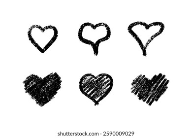 Crayon heart collection with chalk effect - outlined, stemmed, elongated variations and filled textured designs. Black sketchy romantic symbols with rough grunge strokes and scribbles. Love elements