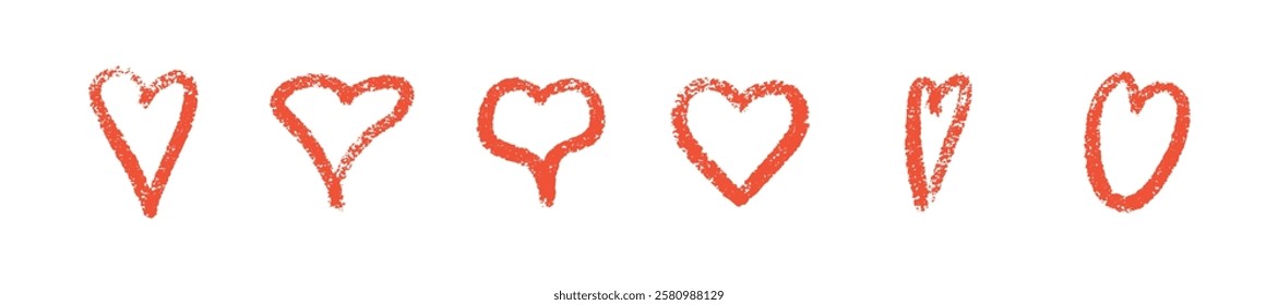 Crayon heart collection in coral red color - elongated, symmetric, stemmed shapes. Hand drawn outlined romantic symbols with chalk textured edges for Valentine day decorative elements.