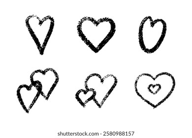 Crayon heart shapes with chalk texture set. Black sketched romantic symbols - single outlined, paired overlapping, nested designs. Hand drawn love elements for Valentine cards or romantic messages.