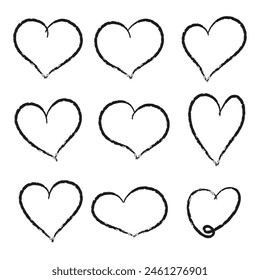 Crayon hearts painted with marker or pencil. Hand drawn chalk symbol of love. Vector Illustration on white background