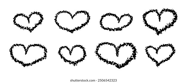 Crayon hearts painted with marker or pencil. Hand drawn chalk symbol of love. Vector Illustration on white background