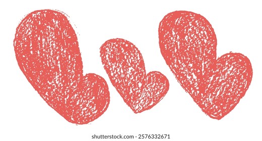 Crayon Hearts. Red romantic doodle elements. Love sign grunge icon. Textured vector charity or kind scribble symbol shapes drawn illustration isolated on white background