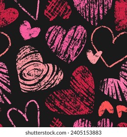 Crayon hearts seamless pattern. Valentines day hearts on black background. Children drawing love symbol in doodle freehand style. Chalk texture, seamless romantic print. Vector