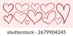 Crayon Hearts. Vector Chalk and Pencil Heart Shape in Pink and Red Color. Hand Drawn Doodle Lipstick Love Icon Set in Kids Style for Web Design, Patterns, Logos, Valentines Day Cards