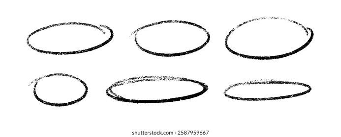 Crayon highlight black oval shapes collection with rough stroke effect. Textured circular frames on white background. Hand drawn grunge elements with uneven edges for emphasis marks, artistic borders.