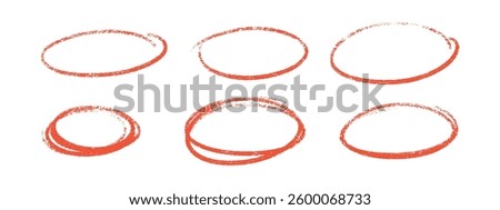 Crayon highlight chalk frames in red with grainy texture. Different sized oval outlines with double strokes, irregular edges. Hand drawn ellipse shapes for rough artistic borders on white background.