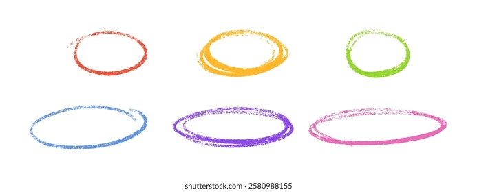 Crayon highlight multicolored oval frames. Chalk textured shapes with grainy edges on white background. Hand drawn ellipse elements with natural rough strokes for emphasis designs.