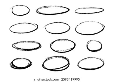 Crayon highlight set of black oval frames with distressed texture. Hand drawn shapes of raw brush strokes and irregular circular outlines on white background for artistic emphasis marks and borders.