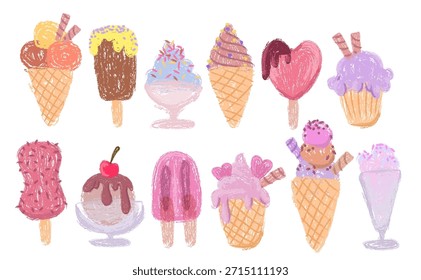 Conjunto de helado de crayón aislado sobre fondo blanco. Ilustración vectorial de postres de verano dibujados a mano con textura de tiza, comida dulce fría con cobertura de chocolate de frutas, boceto lindo para el diseño de menú para niños