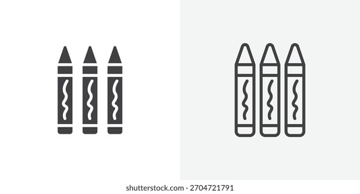 Buntstift-Symbol. Sammlung von bearbeitbaren Strichlinien und Volumenkörper-Flachstilen.