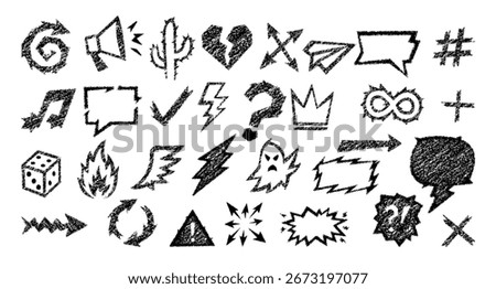 Crayon icon set shows hand drawn line sketch with arrow, pencil marks and doodle shapes. Crayon icon vector pack contains cartoon signs, rough strokes and simple graphic elements for design use.