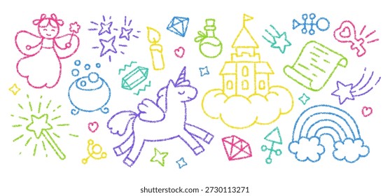 Crayon icons set with magic wand, cute unicorn, fairy, rainbow and sky palace. Doodle drawings of princess fairy, magic horse, stars, gems, cauldron and scroll with chalk texture, vector illustration