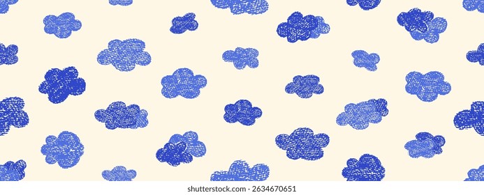 Crayon icons of weather, clouds in sky. Seamless pattern with doodle clouds in chalk texture. Cute summer weather background drawn with crayon pencils, kid vector illustration