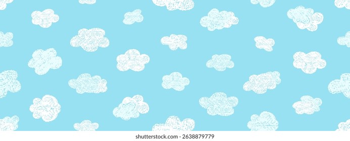 Crayon icons of weather, clouds in sky. Seamless pattern with doodle clouds in chalk texture. Cute summer weather background drawn with crayon pencils, kid vector illustration