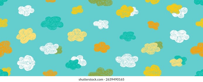 Crayon icons of weather, clouds in sky. Seamless pattern with doodle clouds in chalk texture. Cute summer weather background drawn with crayon pencils, kid vector illustration